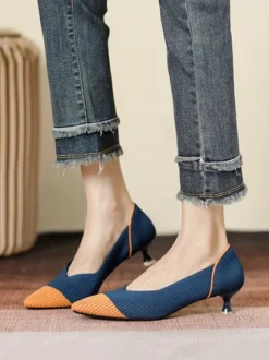 Women Minimalist Color-block Breathable Mesh Fabric Kitten Heel Pumps