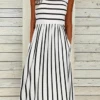 Striped Casual Crew Neck H-Line Sleeveless T-shirt Maxi Dress