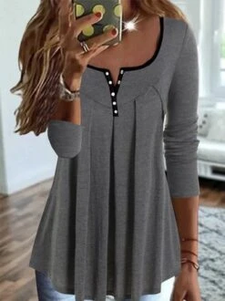 Casual Plain Pleated Contrast Color-block Long-sleeve Jersey Loose Top