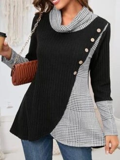 Daily Casual Split Joint Plaid Buttoned Shawl Collar Tunic H-Line Long Sleeve Shirt -Zolucky Sales Store 014dca2b5b7503e9fc1d0069b5f28a51