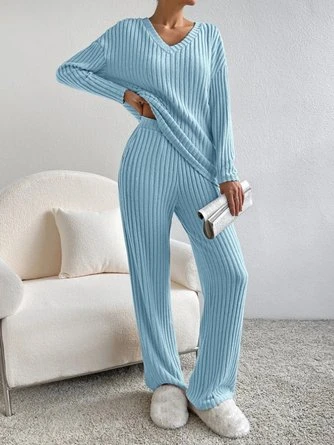 Plain V Neck Long Sleeve Top With Pants Loose Casual Two-Piece Set 3 Plain V Neck Long Sleeve Top With Pants Loose Casual Two-Piece Set - Image 3