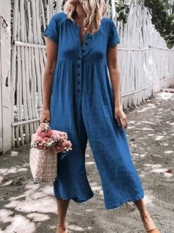 Zolucky Women Casual Jumpsuits Solid Short Sleeve Beach Holiday Romper -Zolucky Sales Store 02 1583984461539