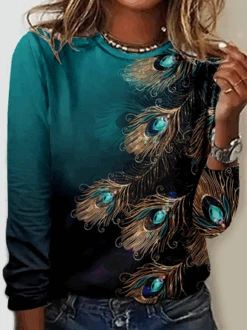 Women's Art Feather Casual Peacock Crew Neck Shirt