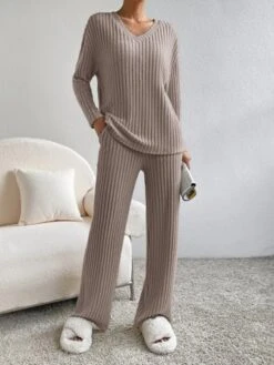 Plain V Neck Long Sleeve Top With Pants Loose Casual Two-Piece Set 30 Plain V Neck Long Sleeve Top With Pants Loose Casual Two-Piece Set -Zolucky Sales Store 04267af8b20798976af0e2642f5f5442