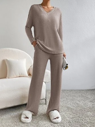 Plain V Neck Long Sleeve Top With Pants Loose Casual Two-Piece Set 11 Plain V Neck Long Sleeve Top With Pants Loose Casual Two-Piece Set - Image 11