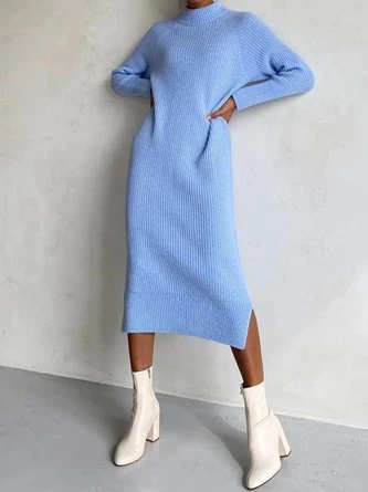 High Neck Raglan Sleeves Knitted Midi Dress With Side Splits 2 High Neck Raglan Sleeves Knitted Midi Dress With Side Splits - Image 2