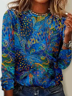 Plus Size Peacock Print Casual Crew Neck T-Shirt