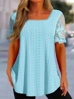 Plus Size Square Neck Casual Plain Lace Shirt