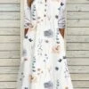 Floral Notched Neck Casual Loose Jersey Buckle Long Sleeve Midi Dress