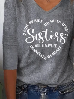 Women Sister Text Letters Regular Fit Jersey H-Line Casual V Neck Long Sleeve T-Shirt -Zolucky Sales Store 062c67f8ea9a05292853ad8e09a5e301