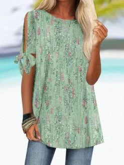 Crew Neck Floral Printed Knot Cuff Blouse