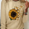 Women’s Butterfly Sunflower Print Casual Cotton-Blend Long Sleeve Shirt
