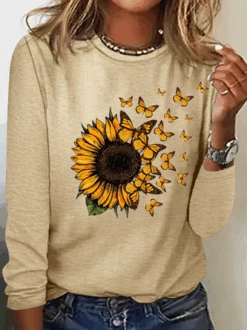Women’s Butterfly Sunflower Print Casual Cotton-Blend Long Sleeve Shirt