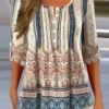 Plus Size Crew Neck Casual Buttoned Ethnic Shirt