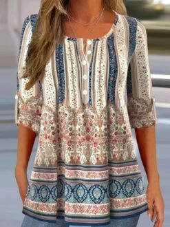 Plus Size Crew Neck Casual Buttoned Ethnic Shirt