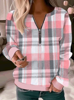 Plus Size Casual Half Zip Plaid Sweatshirt