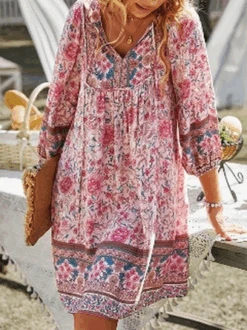 Plus Size Loose V Neck Boho Long Sleeve Women Dress