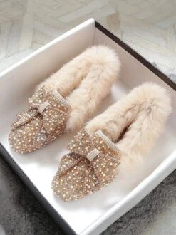 Rhinestone Imitation Pearl Bowknot Furry Party Slip On Shoes -Zolucky Sales Store 09dd53f630d16bf98005ee2ac8133ec6