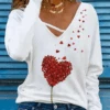 Plus Size Valentine's Day Casual Cotton Blends Lightweight Heart Printed Long Sleeve T-shirt