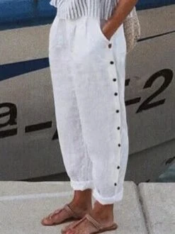 Plus Size Buttoned Loose Plain Casual Pants