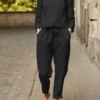 Cotton Loosen Casual Round Neck Two-Piece Set Top With Pants