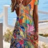 Casual Short Sleeve V Neck Printed Dress