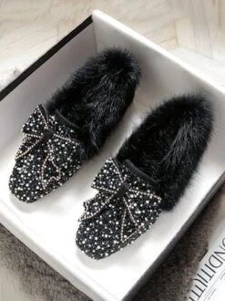 Rhinestone Imitation Pearl Bowknot Furry Party Slip On Shoes