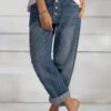 Blue Denim Buttoned Long Jeans Plain Daily Casual H-Line Straight Pants With Pockets