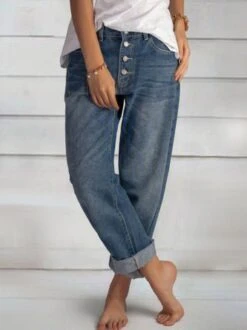 Blue Denim Buttoned Long Jeans Plain Daily Casual H-Line Straight Pants With Pockets