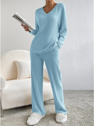 Plain V Neck Long Sleeve Top With Pants Loose Casual Two-Piece Set 1 Plain V Neck Long Sleeve Top With Pants Loose Casual Two-Piece Set