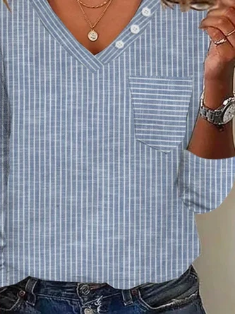 Plus Size Striped Loose Casual V Neck Buttoned T-Shirt 3 Plus Size Striped Loose Casual V Neck Buttoned T-Shirt - Image 3