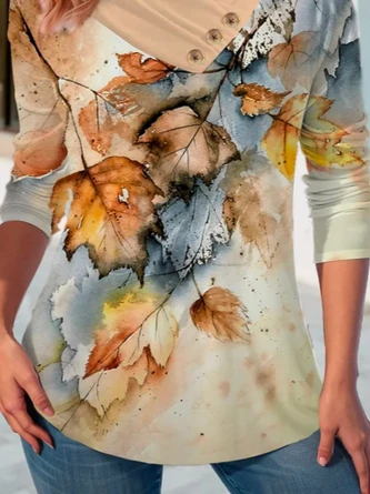 Plus Size Maple Leaf Buckle Asymmetrical V Neck Jersey Casual Loose T-Shirt 3 Plus Size Maple Leaf Buckle Asymmetrical V Neck Jersey Casual Loose T-Shirt - Image 3