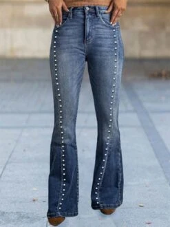Plain Pockets Buckle Beaded Casual Denim Jeans