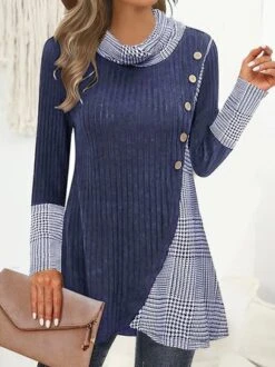 Daily Casual Split Joint Plaid Buttoned Shawl Collar Tunic H-Line Long Sleeve Shirt -Zolucky Sales Store 0f4552cb862c711c70eca3acbc75cb60