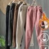 Corduroy Winter Fleece Plain Corduroy Casual Elastic Band H-Line Straight Long Pants With Pockets