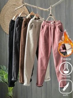Corduroy Winter Fleece Plain Corduroy Casual Elastic Band H-Line Straight Long Pants With Pockets