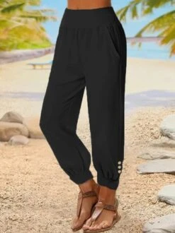 Cotton Casual Loose Plain High Waist Ankle Harem Pants With Pockets -Zolucky Sales Store 0f6949a50862d3375247f70e6808a7aa