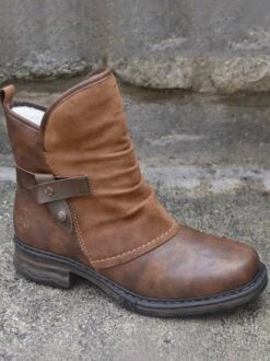 Brown Pu Leather Non-Slip Low Heel Warmth Zipper Boots -Zolucky Sales Store 1 1599544362665