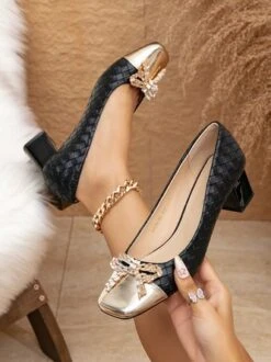 Elegant Rhinestone Bow Color Block Weave Square Toe Shallow Pumps 24 Elegant Rhinestone Bow Color Block Weave Square Toe Shallow Pumps -Zolucky Sales Store 103618f77905149bb89957258b9331a5