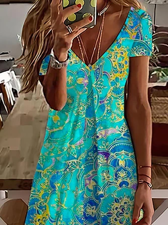 V Neck Casual Short Sleeve Printed Dress 2 V Neck Casual Short Sleeve Printed Dress - Image 2