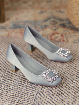 Square Rhinestone Decor Satin Square Toe Spool Heel Pumps 12 Square Rhinestone Decor Satin Square Toe Spool Heel Pumps - Image 12