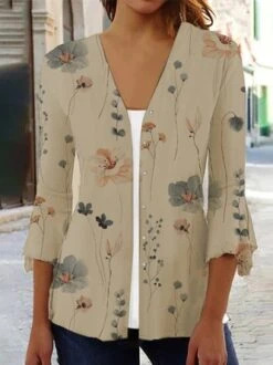 Casual Floral Printed Loose 3/4 Sleeve Kimono With Buttons -Zolucky Sales Store 12e9ac436370508fb116def2b897b097