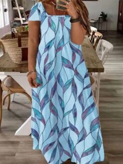 Plus Size Printed Casual Square Neck Short Sleeve Dress -Zolucky Sales Store 1331c5def7b8016e3291ca32a93c90f4