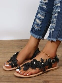 Women's Romantic Applique Lace Flower Decorative Elegant Wedding Flat Heel Sandals