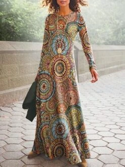 Ethnic Printed Long Sleeve Crew Neck Casual Dress