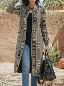 Geometric Vintage Autumn Polyester Micro-Elasticity Loose Best Sell Long Sleeve H-Line Overcoat For Women