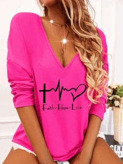 Plus Size Casual Long Sleeve V Neck Printed Top T-Shirt