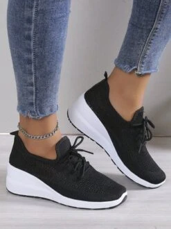 Casual Lace-up Decor Breathable Flyknit Wedge Heel Slip On Sneakers -Zolucky Sales Store 15948c2ba7d0a9f10bcca42376789ac8