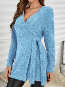 Mohair V Neck Casual Plain Front Cross Lace-up Tunic Sweater