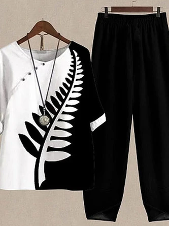 Loose Casual Leaf Crew Neck Two-Piece Set 3 Loose Casual Leaf Crew Neck Two-Piece Set - Image 3